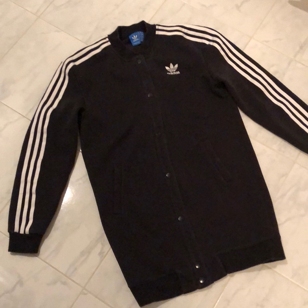 adidas Black Long Button Sweatshirt Jacket with White Stripes